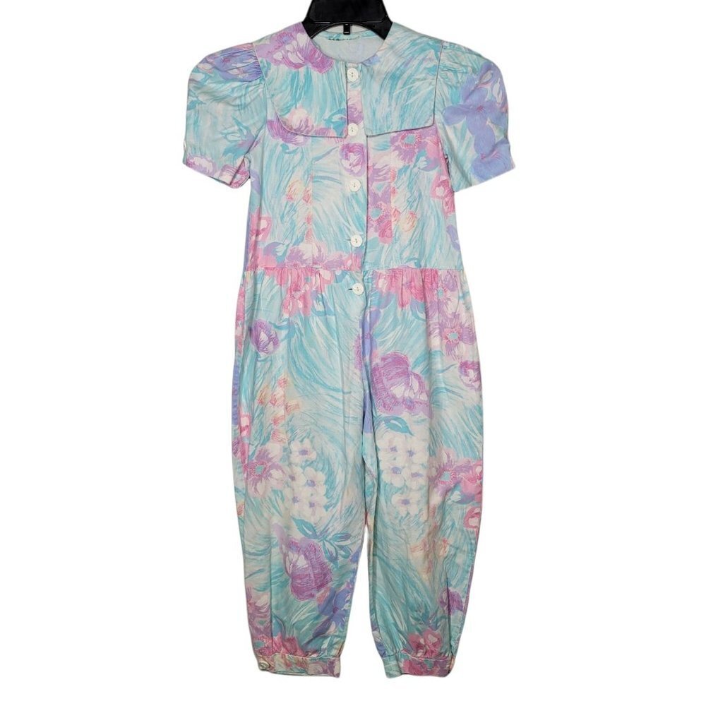 Vintage 80s 90s girls pastel watercolor floral jumpsuit Puff short sleeve